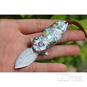 Small beetle Damascus steel folding knife abalone + steel handle UD2105501